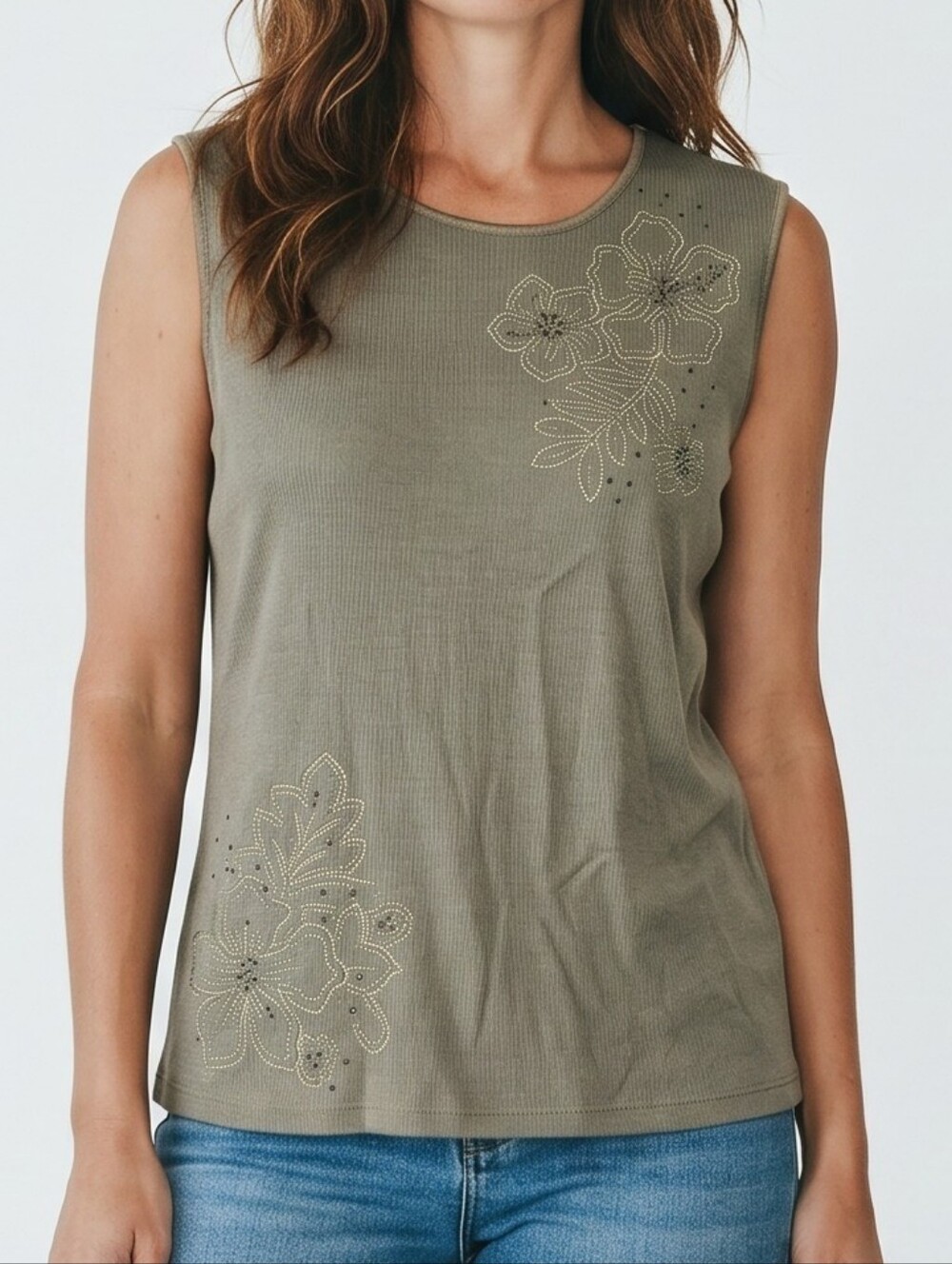 NWT Vintage Jaclyn Smith Olive Gray Embroidered Sleeveless Tank Top